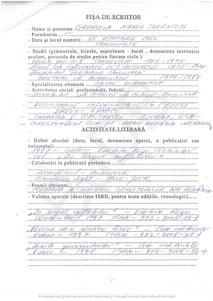 M-1305-1 - Fisa de scriitor GABRIELA MARIN THORNTON